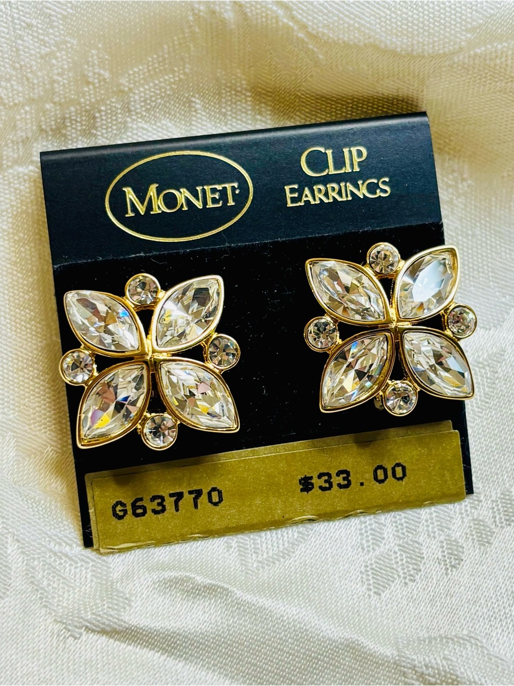 Monet Gold and Clear Crystal Flower Clip Earrings